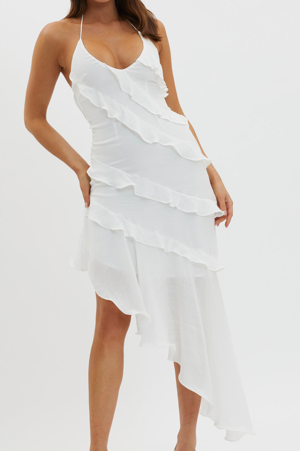 Arrabel Tiered Ruffle Asymmetric Midi Dress White by Selfie Leslie