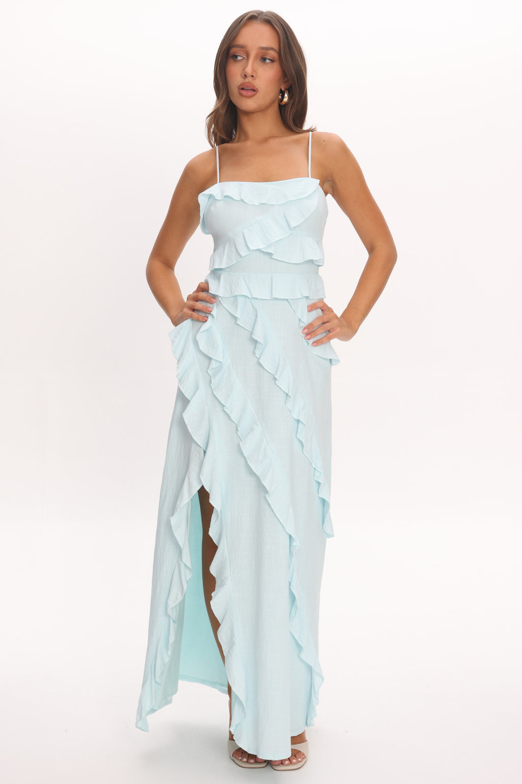 Arrabel Ruffle Split Maxi Dress Blue