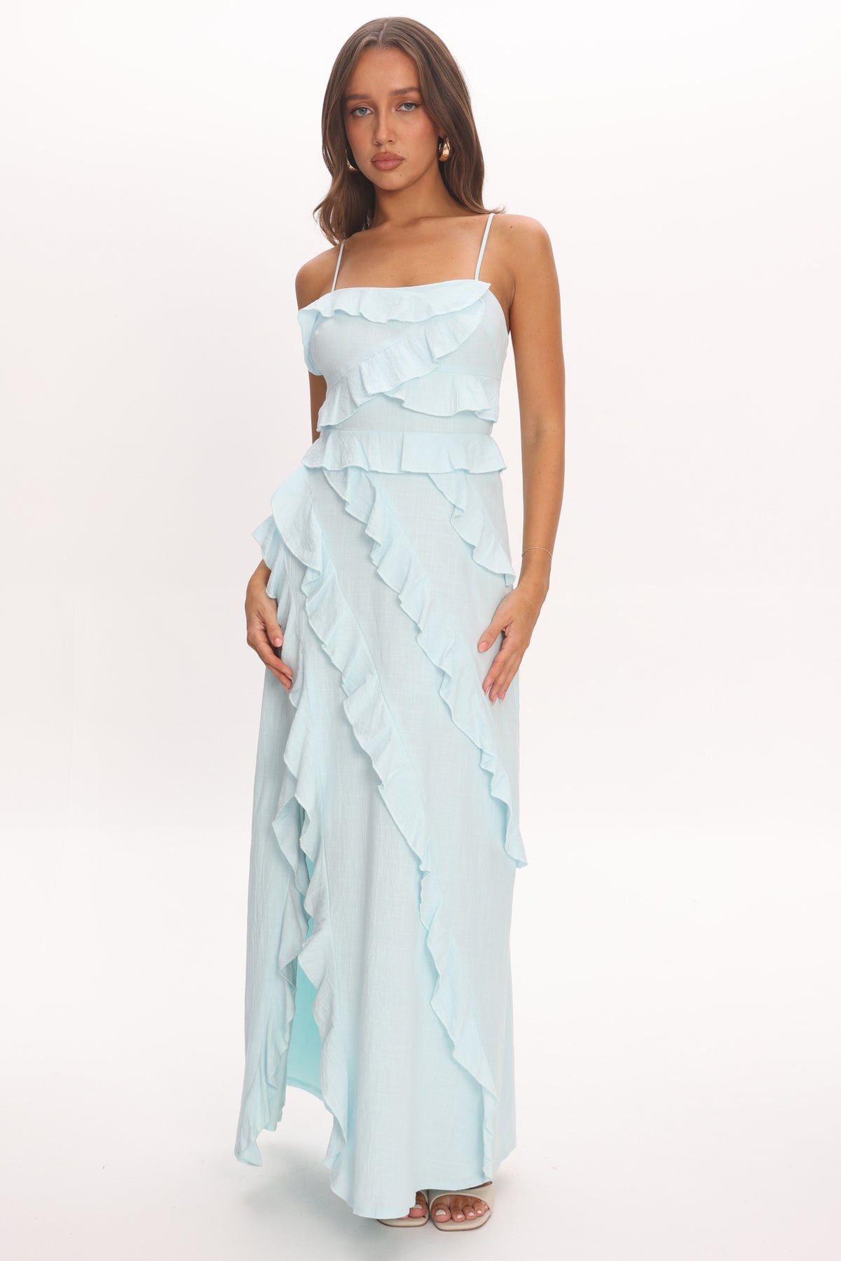 Arrabel Ruffle Split Maxi Dress Blue | Selfie Leslie