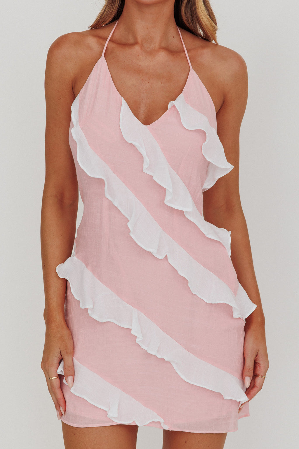 Arrabel Halterneck Contrast Ruffle Mini Dress Pink by Selfie Leslie