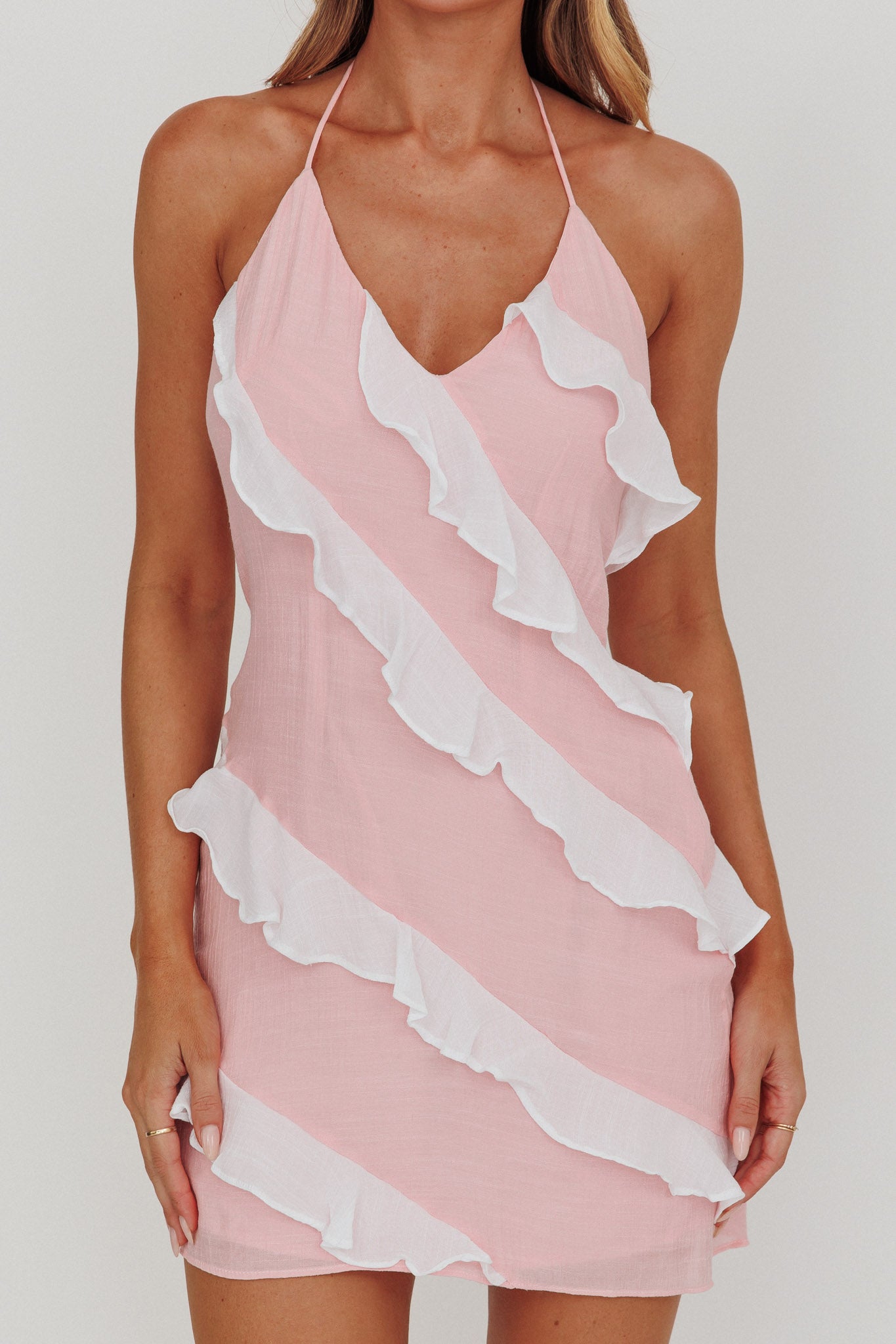 Arrabel Halterneck Contrast Ruffle Mini Dress Pink by Selfie Leslie