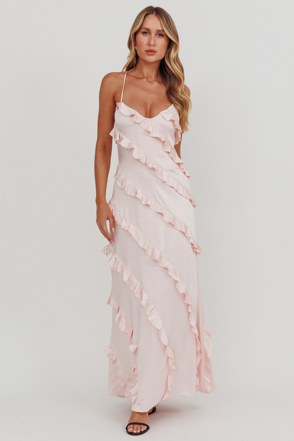 Arrabel Ruffle Trim Maxi Dress Blush by Selfie Leslie