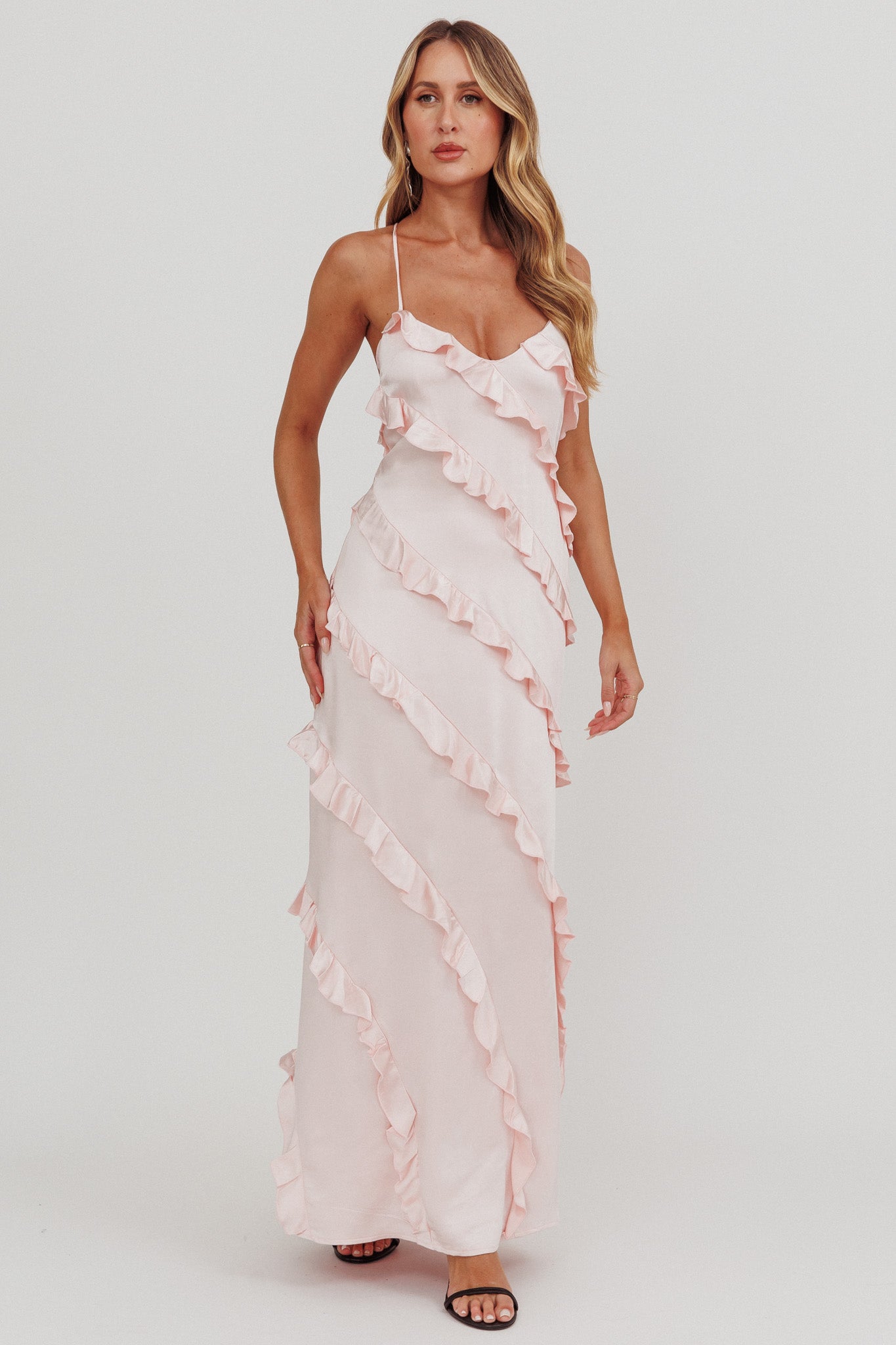 strapless open back dress Arrabel Ruffle Trim Maxi Dress Blush– Selfie Leslie