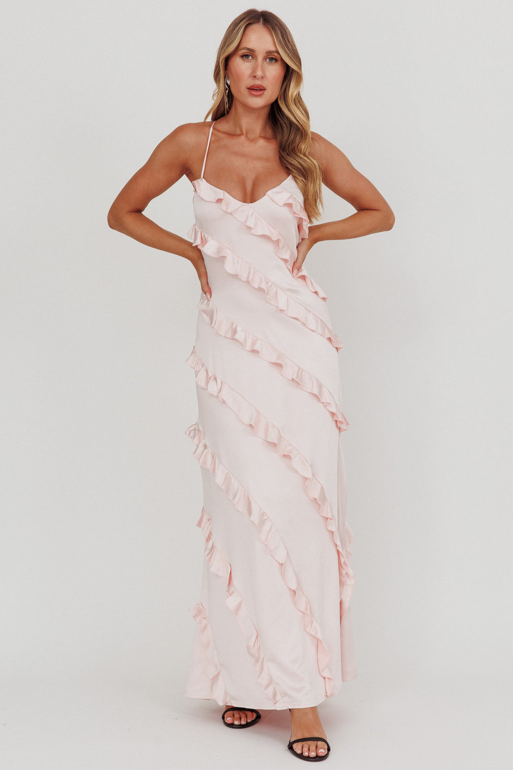 Arrabel Ruffle Trim Maxi Dress Blush by Selfie Leslie