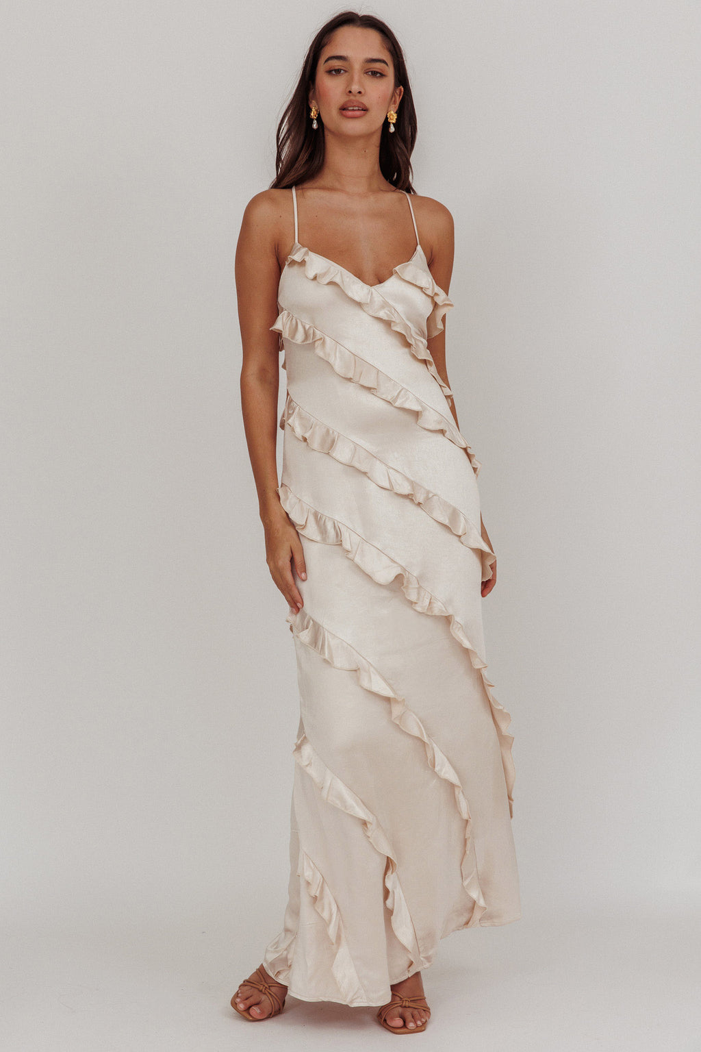 Arrabel Ruffle Trim Maxi Dress Champagne by Selfie Leslie
