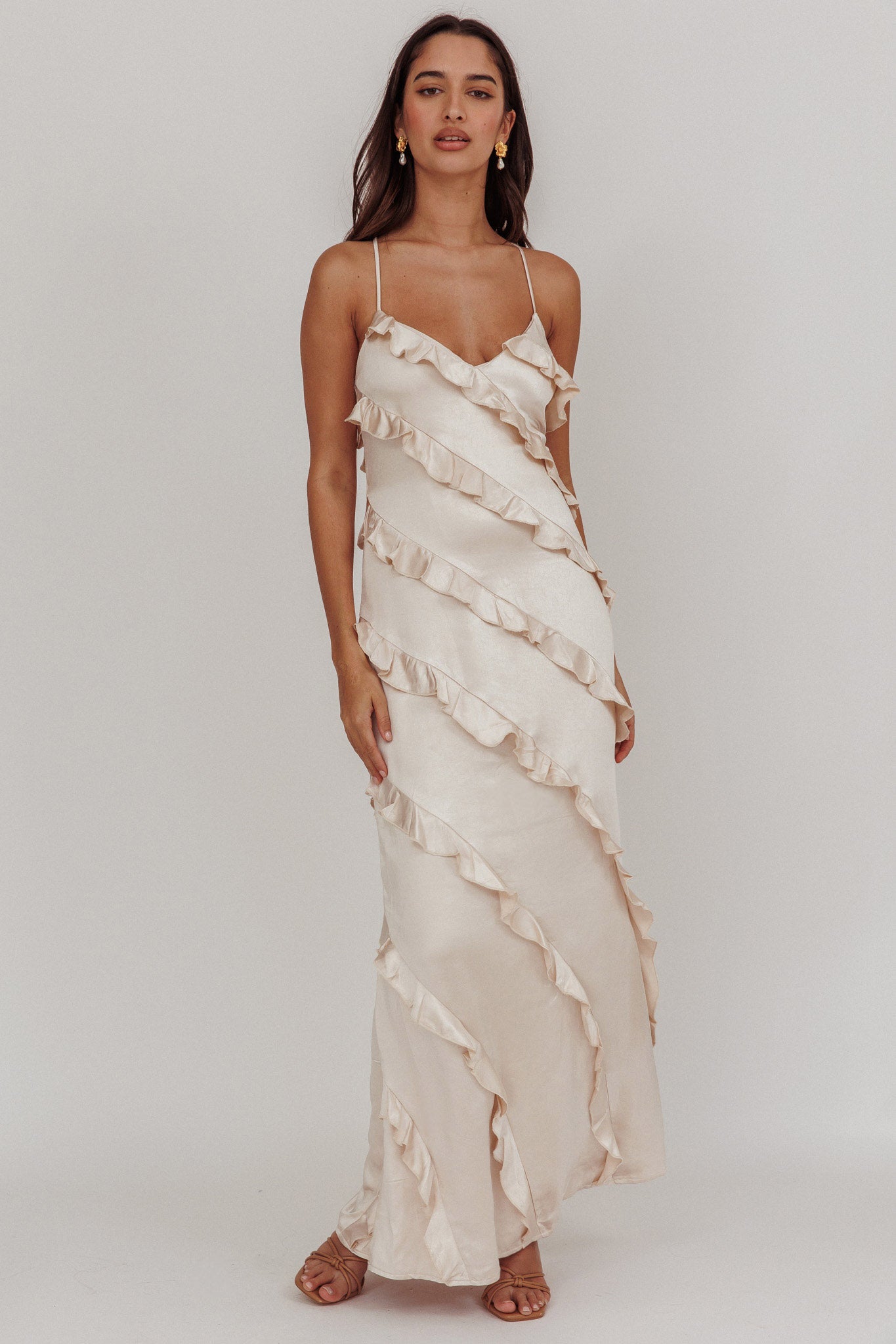 Arrabel Ruffle Trim Maxi Dress Champagne by Selfie Leslie