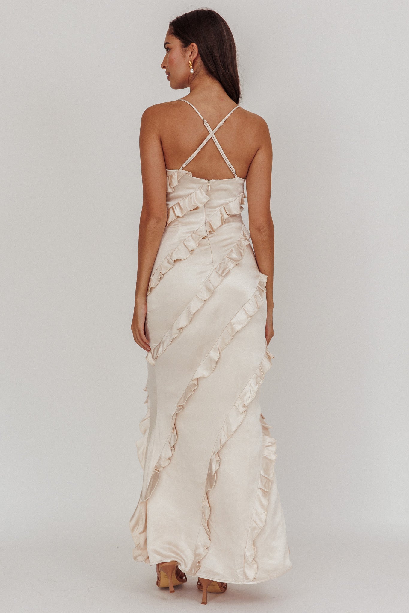 Arrabel Ruffle Trim Maxi Dress Champagne by Selfie Leslie