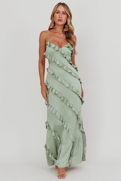 Arrabel Ruffle Trim Maxi Dress Sage– Selfie Leslie