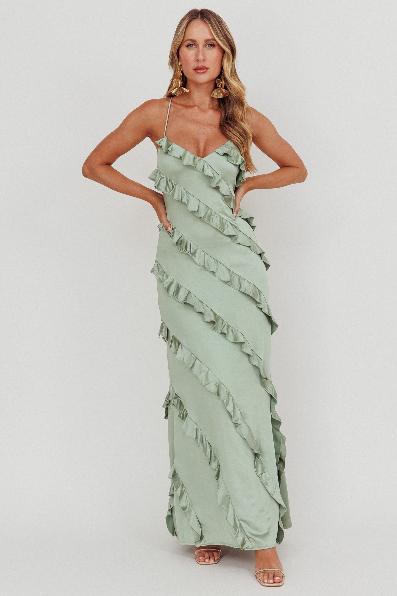 Arrabel Ruffle Trim Maxi Dress Sage by Selfie Leslie