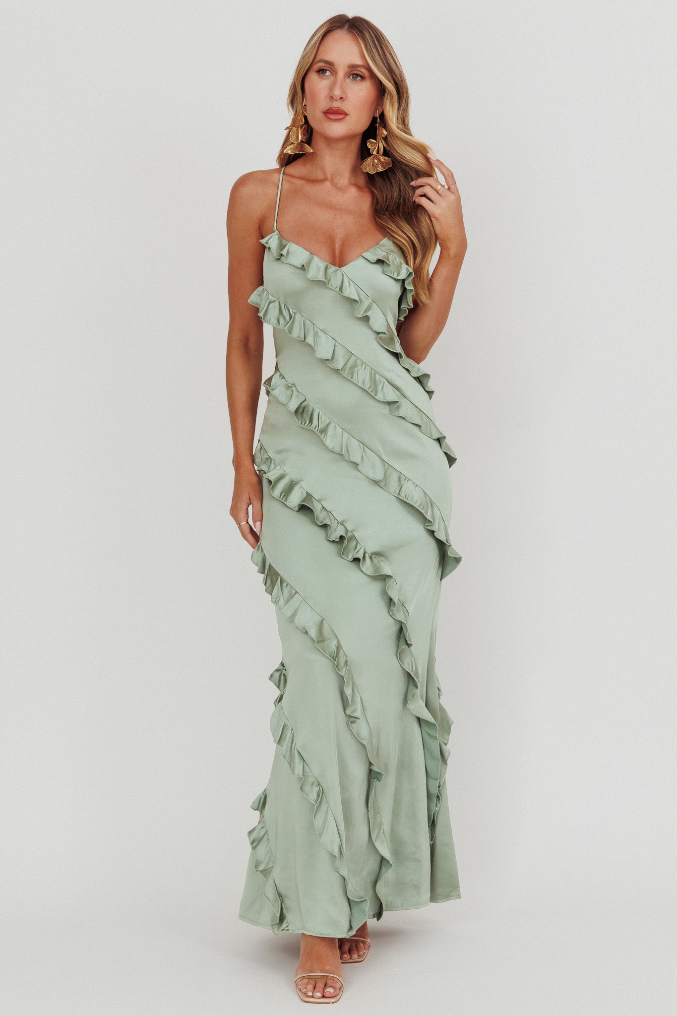 green emerald velvet dress Arrabel Ruffle Trim Maxi Dress Sage– Selfie Leslie