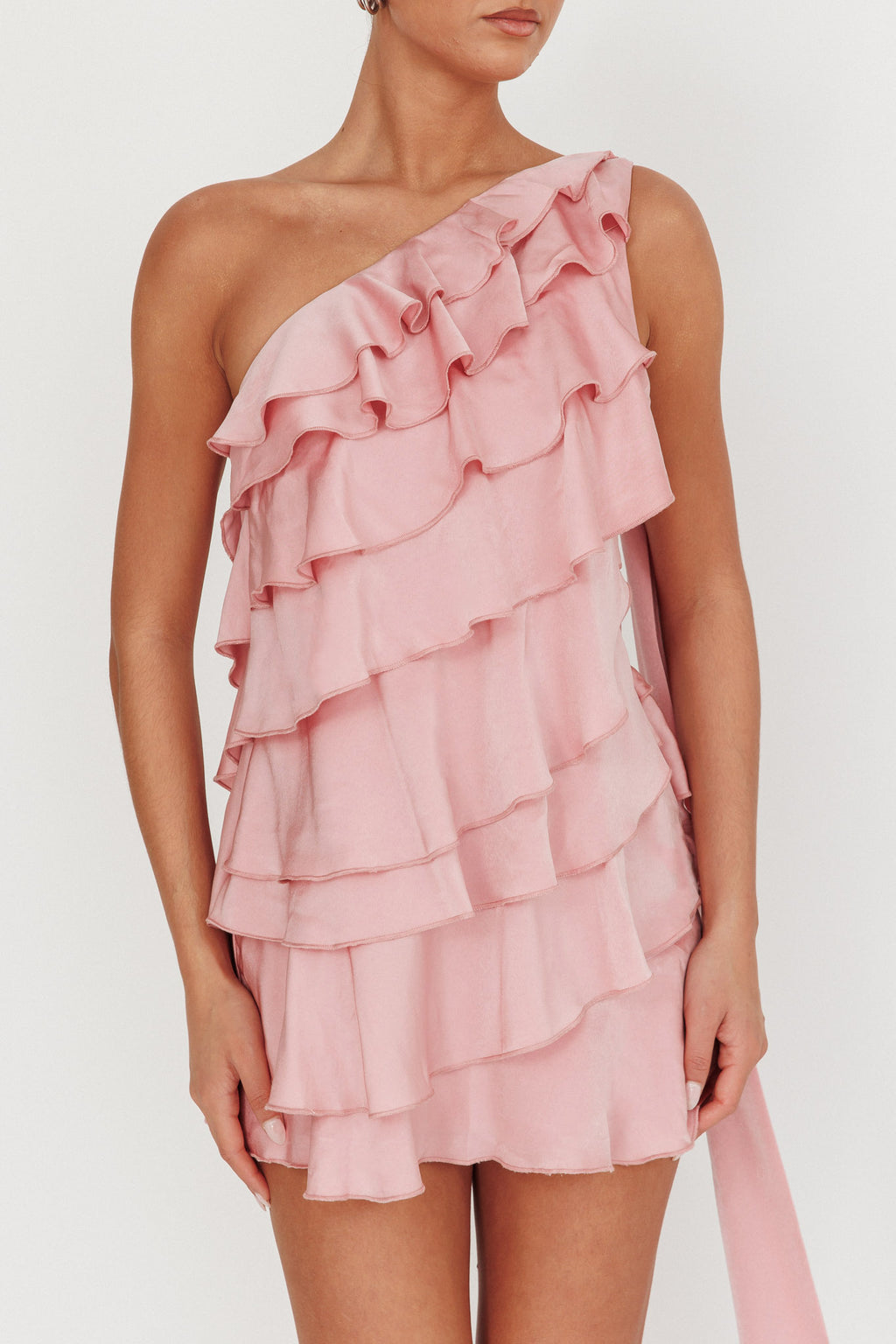 Arrabel Tiered Ruffle One Shoulder Mini Dress Pink by Selfie Leslie