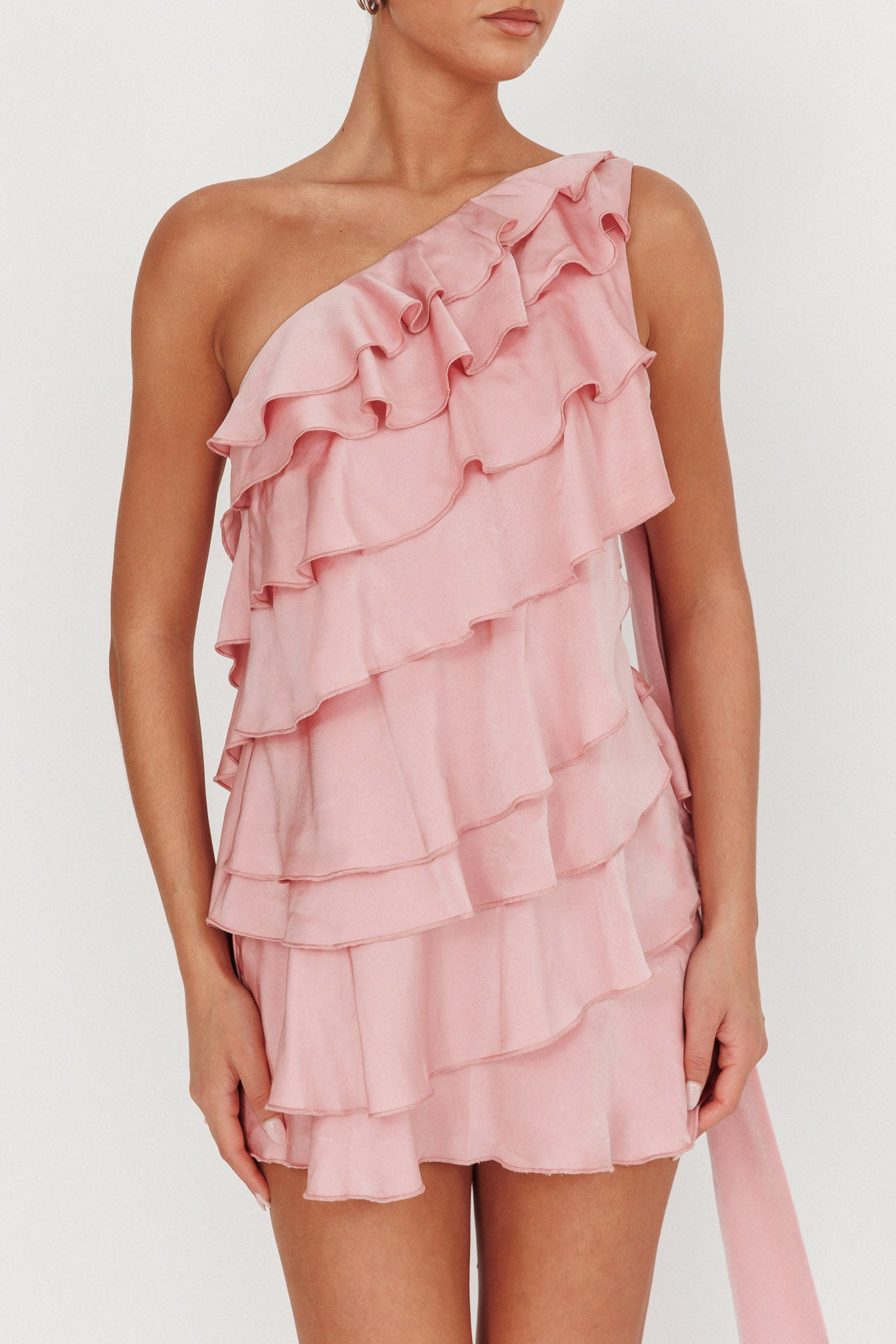 Arrabel Tiered Ruffle One Shoulder Mini Dress Pink by Selfie Leslie