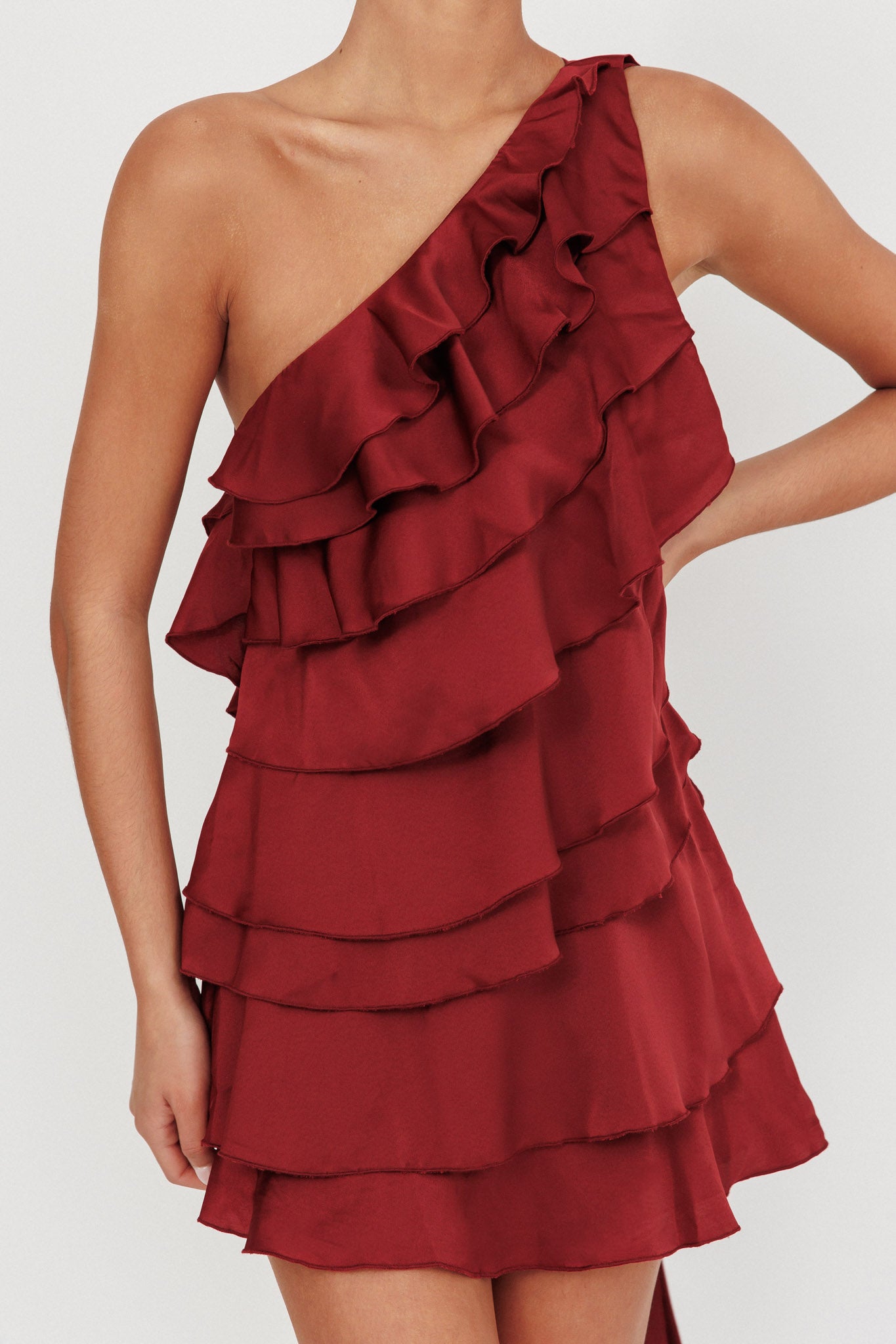 Shop the Arrabel Tiered Ruffle One Shoulder Mini Dress Wine