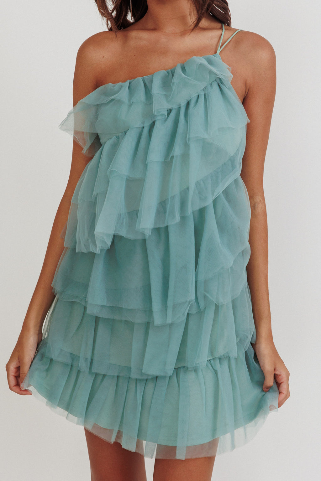 Arrabel Tiered Ruffle Mesh Mini Dress Sage by Selfie Leslie