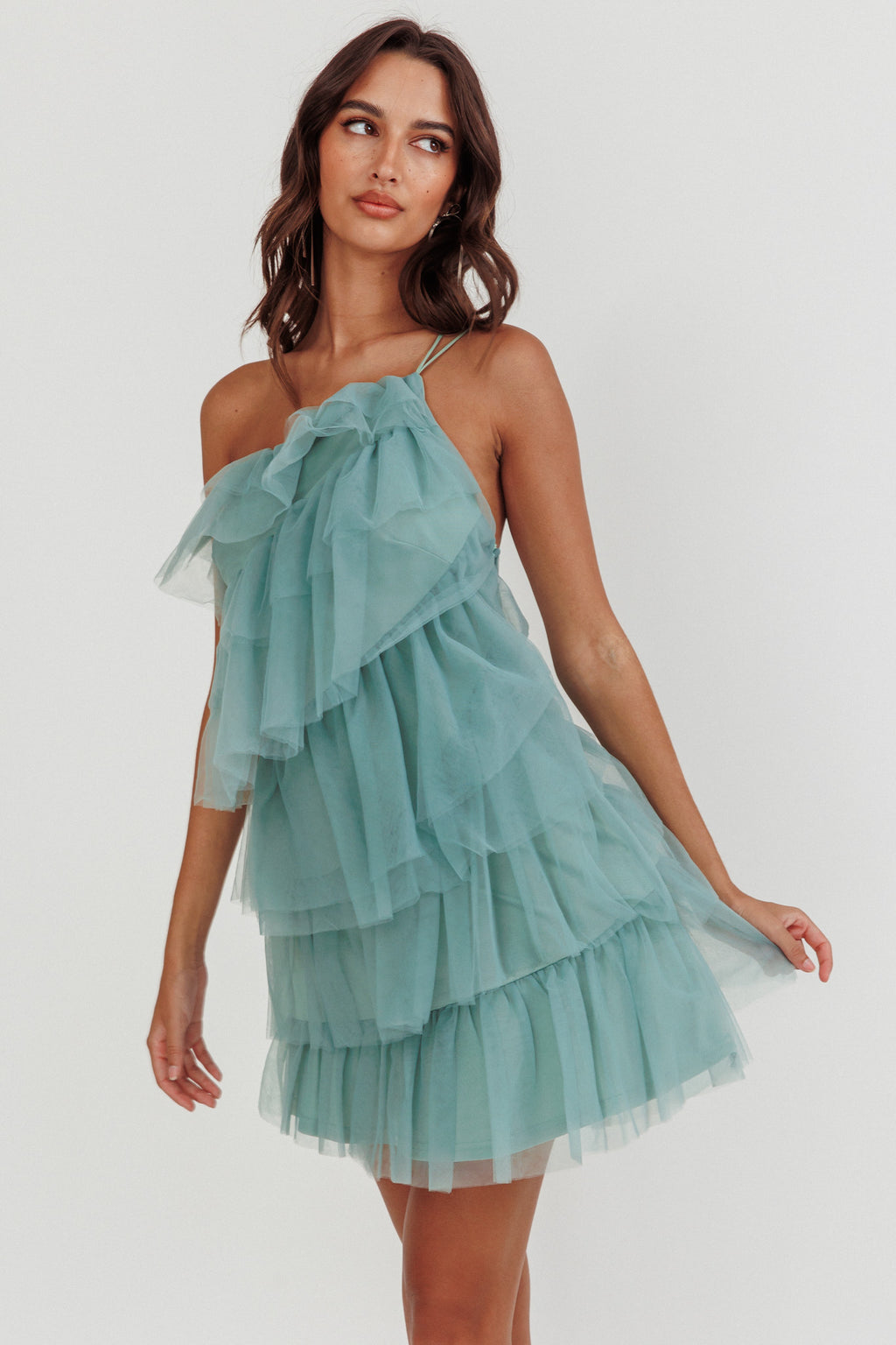 Arrabel Tiered Ruffle Mesh Mini Dress Sage by Selfie Leslie
