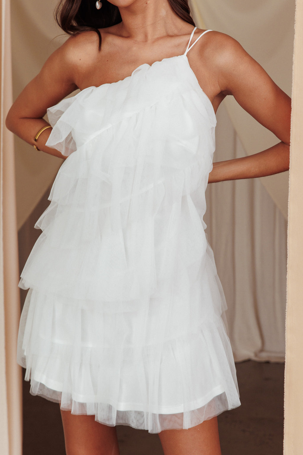 Arrabel Tiered Ruffle Mesh Mini Dress White by Selfie Leslie