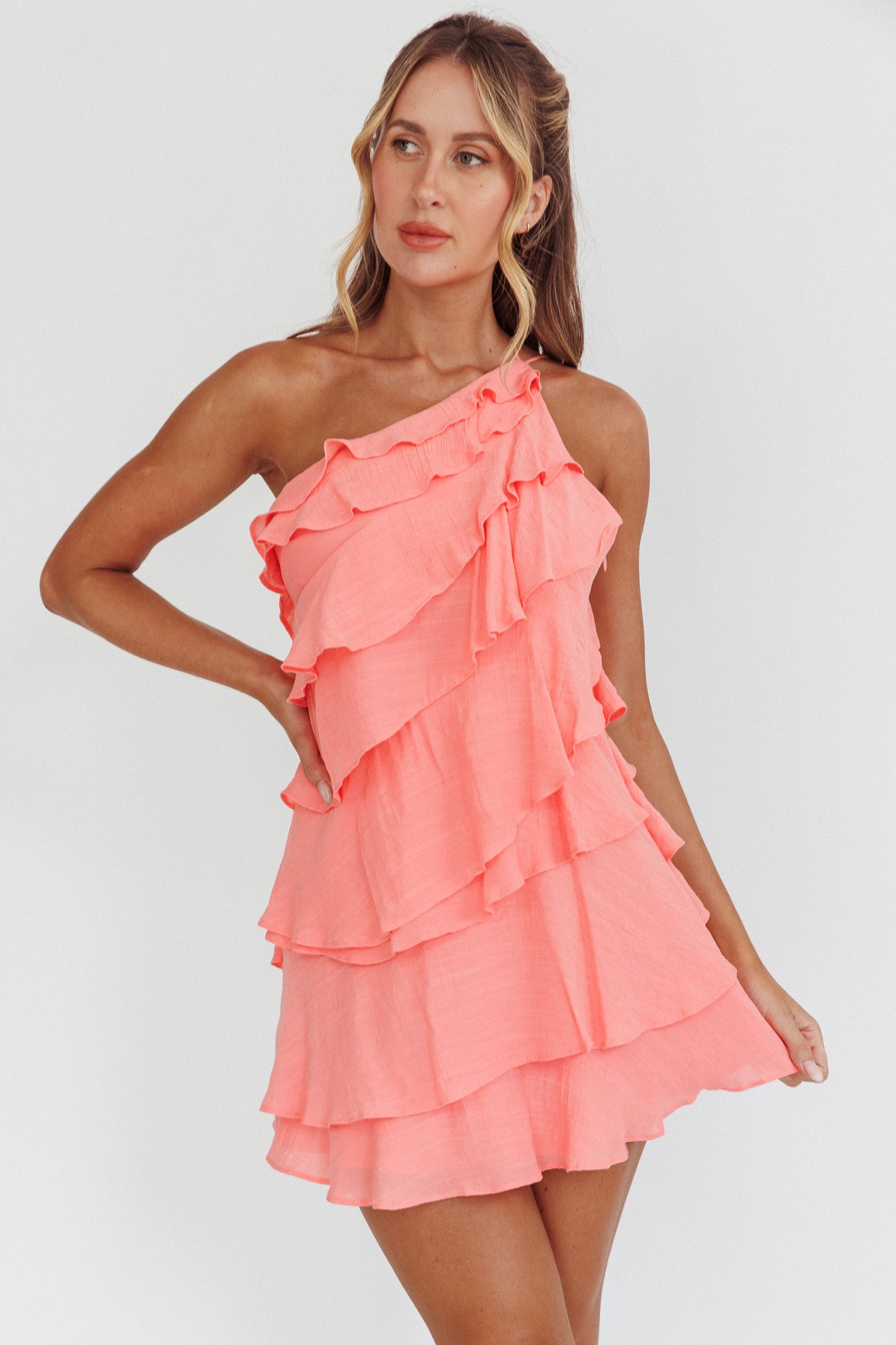 Arrabel Tiered Ruffle Mini Dress Peach by Selfie Leslie