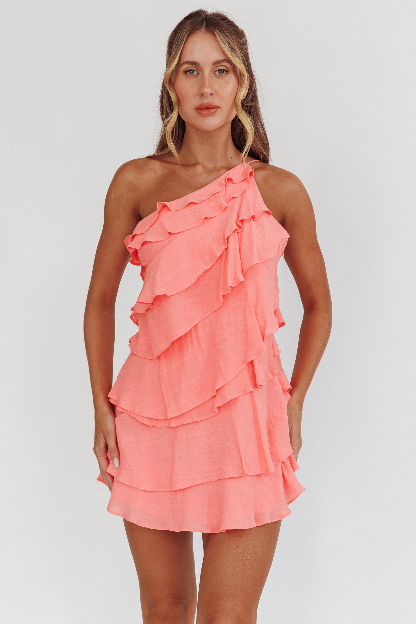 Arrabel Tiered Ruffle Mini Dress Peach by Selfie Leslie