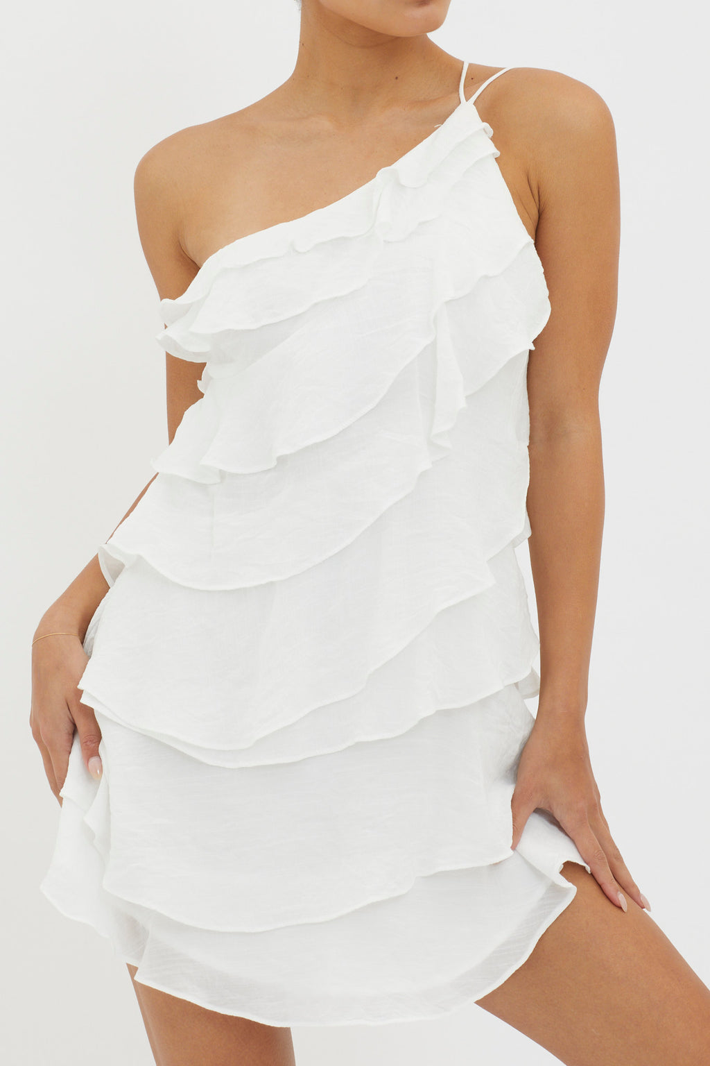 Arrabel Tiered Ruffle Mini Dress White by Selfie Leslie