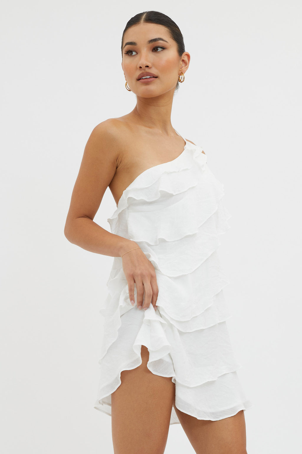 Arrabel Tiered Ruffle Mini Dress White by Selfie Leslie