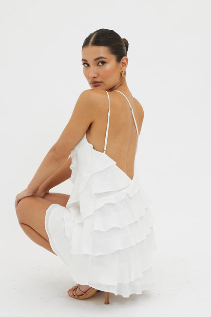 Arrabel Tiered Ruffle Mesh Mini Dress White