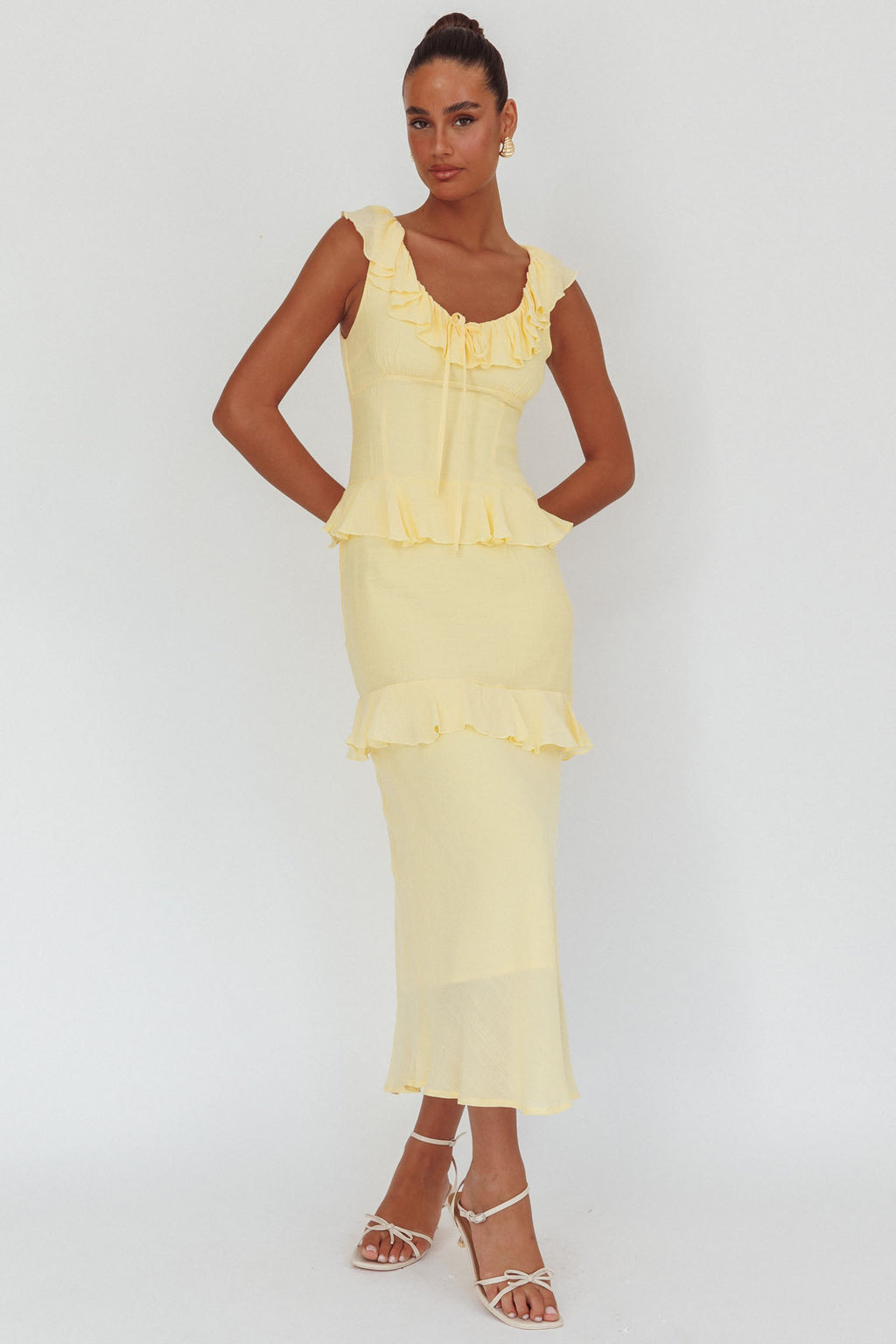 Arrabel Ruffle Trim Bust Tie Maxi Dress Banana by Selfie Leslie