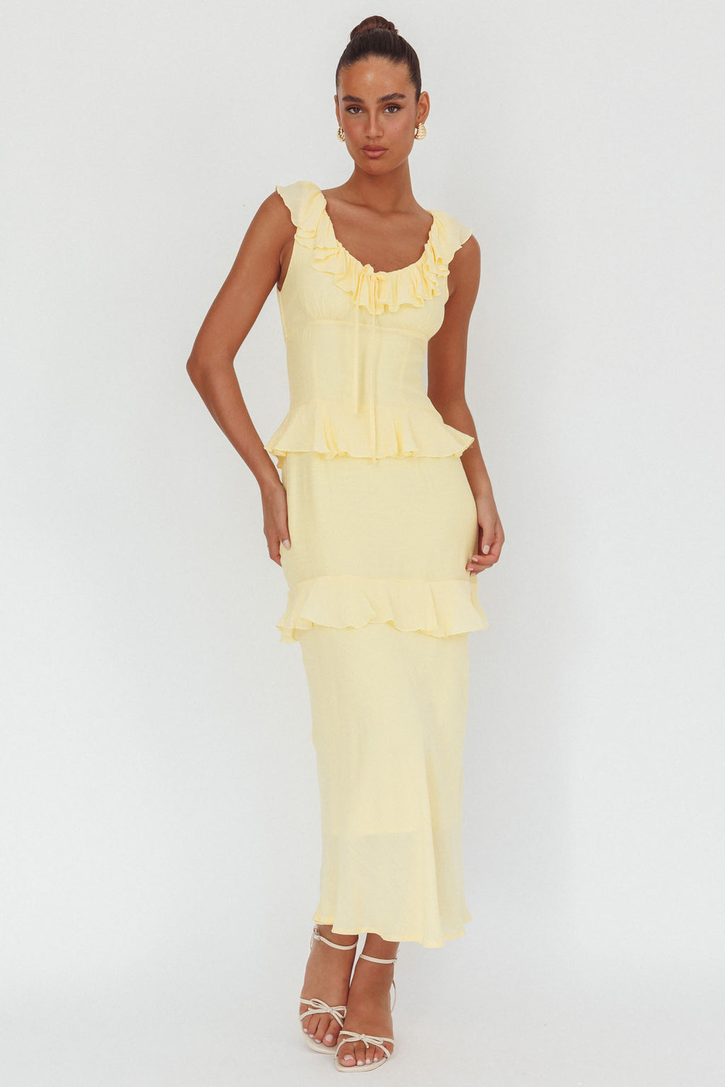 Arrabel Ruffle Trim Bust Tie Maxi Dress Banana by Selfie Leslie