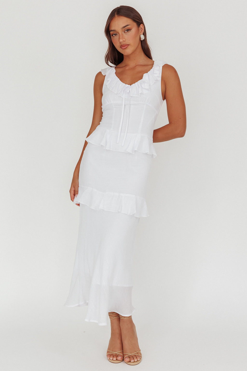 Arrabel Ruffle Trim Bust Tie Maxi Dress White by Selfie Leslie