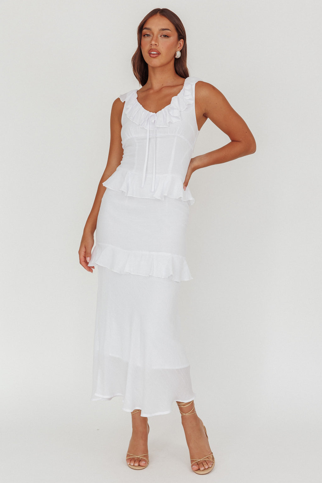 Arrabel Ruffle Trim Bust Tie Maxi Dress White by Selfie Leslie