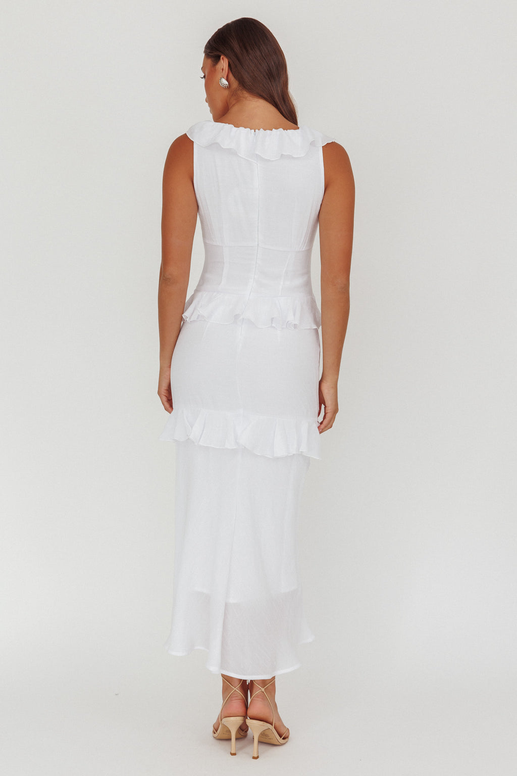 Arrabel Ruffle Trim Bust Tie Maxi Dress White by Selfie Leslie