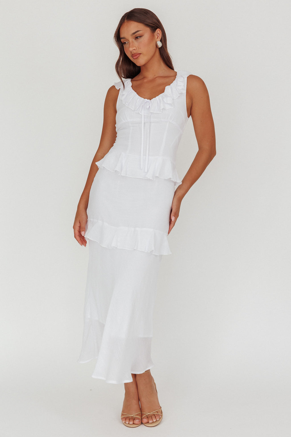 Arrabel Ruffle Trim Bust Tie Maxi Dress White by Selfie Leslie
