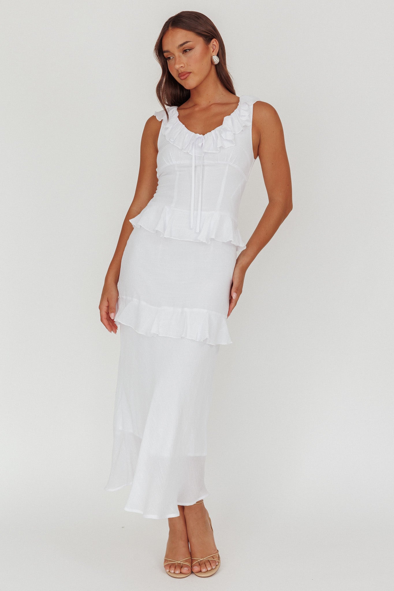 Arrabel Ruffle Trim Bust Tie Maxi Dress White by Selfie Leslie