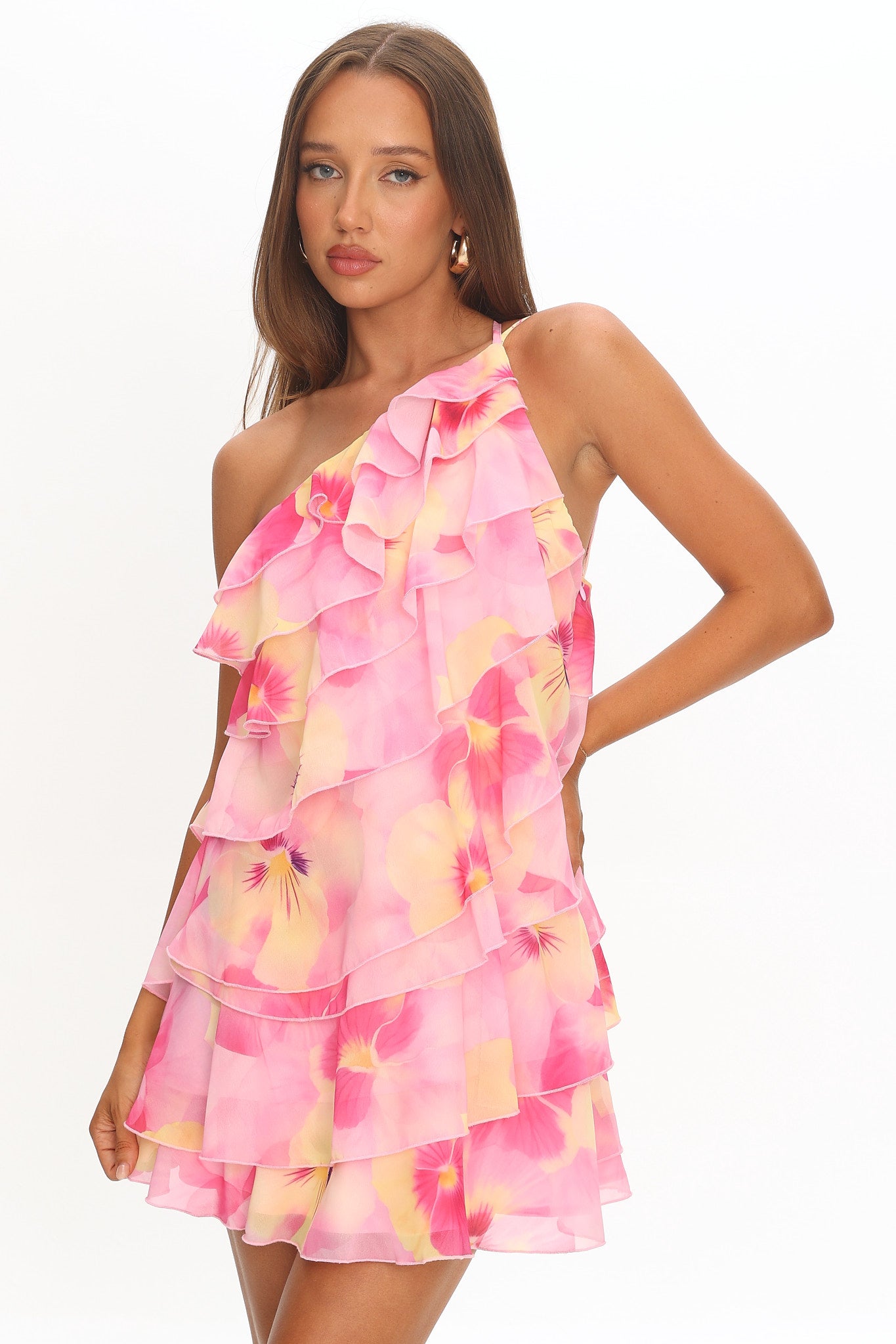 Arrabel Ruffle Trim One-Shoulder Mini Dress Floral Pink by Selfie Leslie