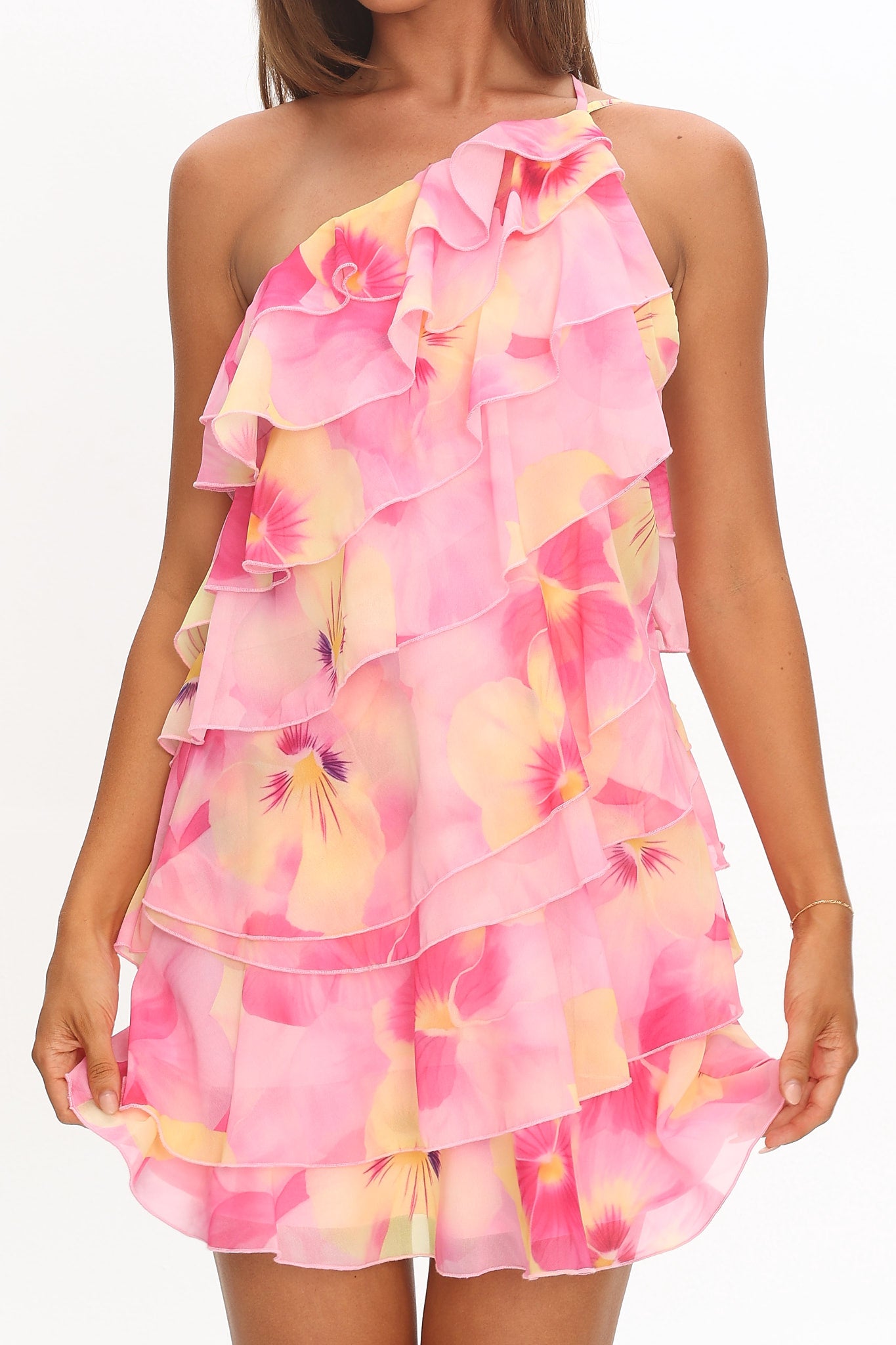 Arrabel Ruffle Trim One-Shoulder Mini Dress Floral Pink by Selfie Leslie