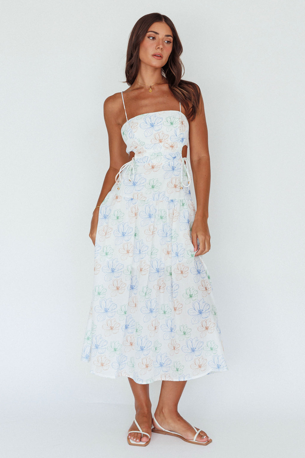Aloha Cut-Out Waist Midi Dress Floral Blue by Selfie Leslie