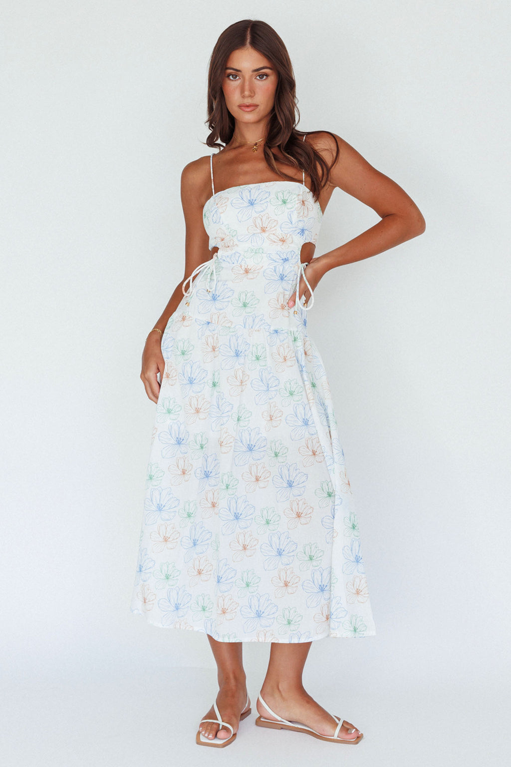 Aloha Cut-Out Waist Midi Dress Floral Blue by Selfie Leslie