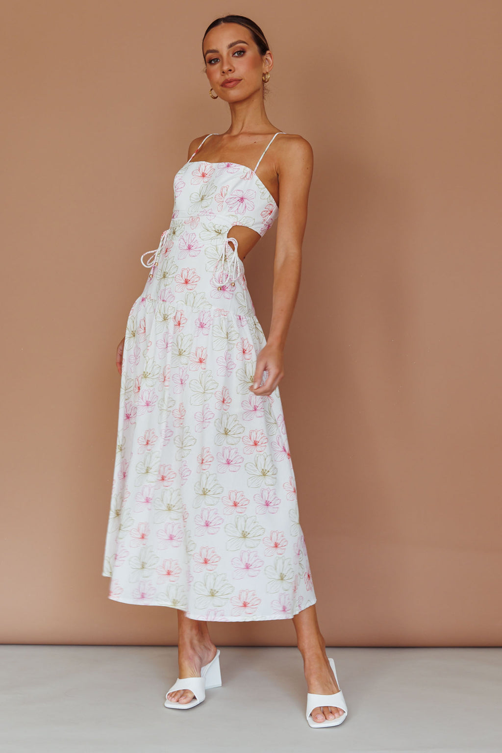 Aloha Cut-Out Waist Midi Dress Floral Pink by Selfie Leslie