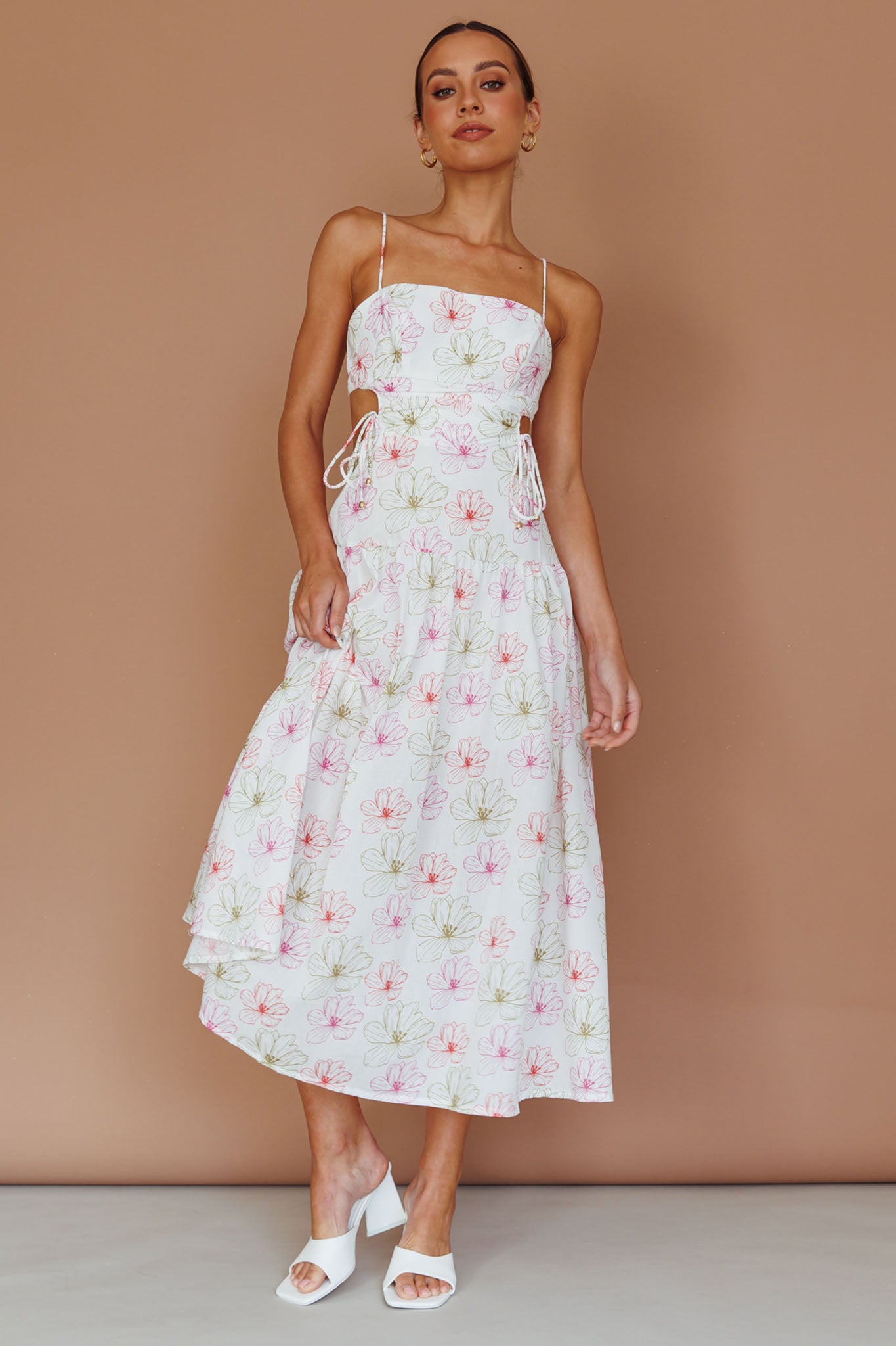 Aloha Cut-Out Waist Midi Dress Floral Pink by Selfie Leslie