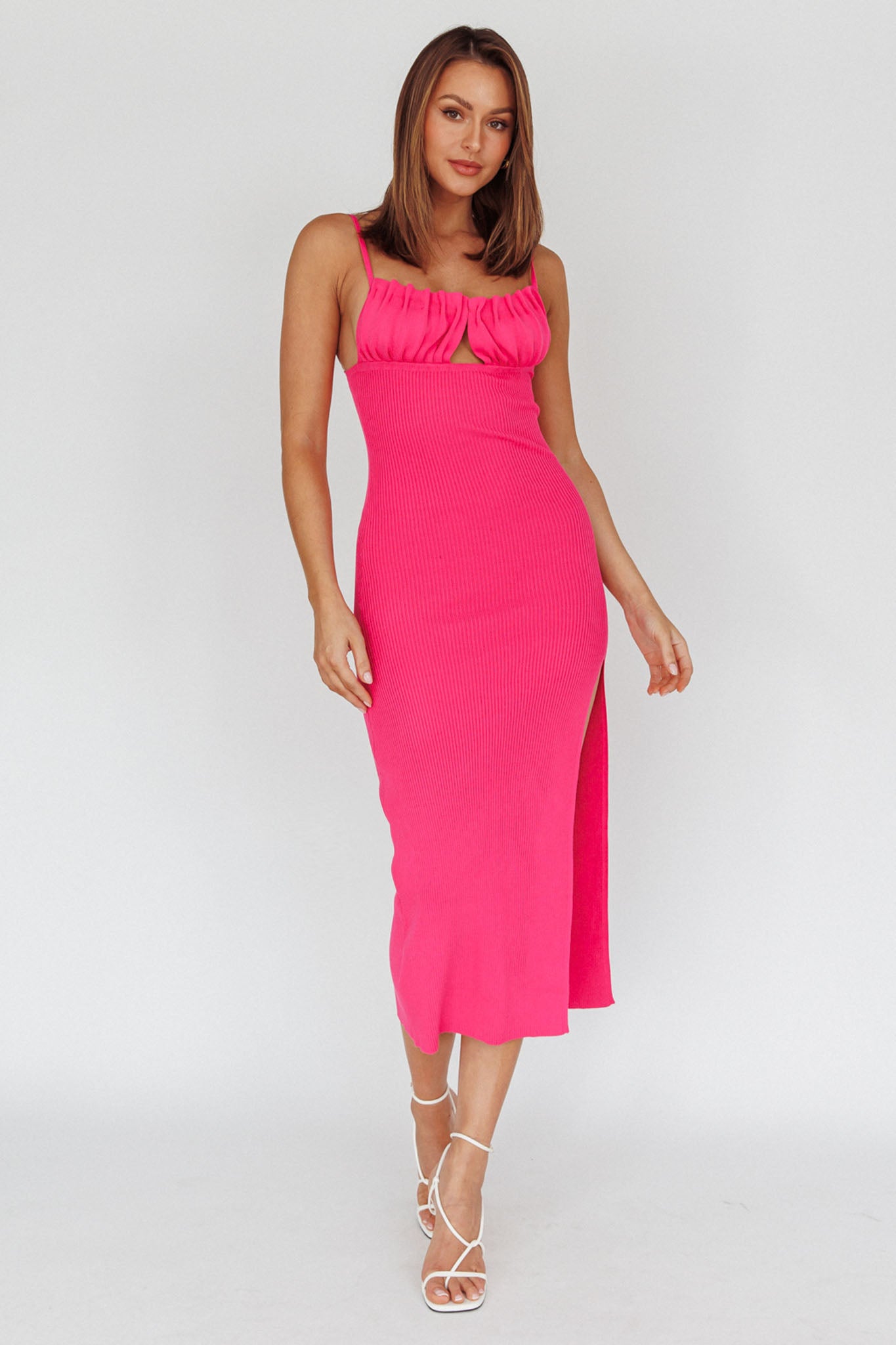 Jelina Gathered Bust Knit Midi Dress Fuchsia by Selfie Leslie