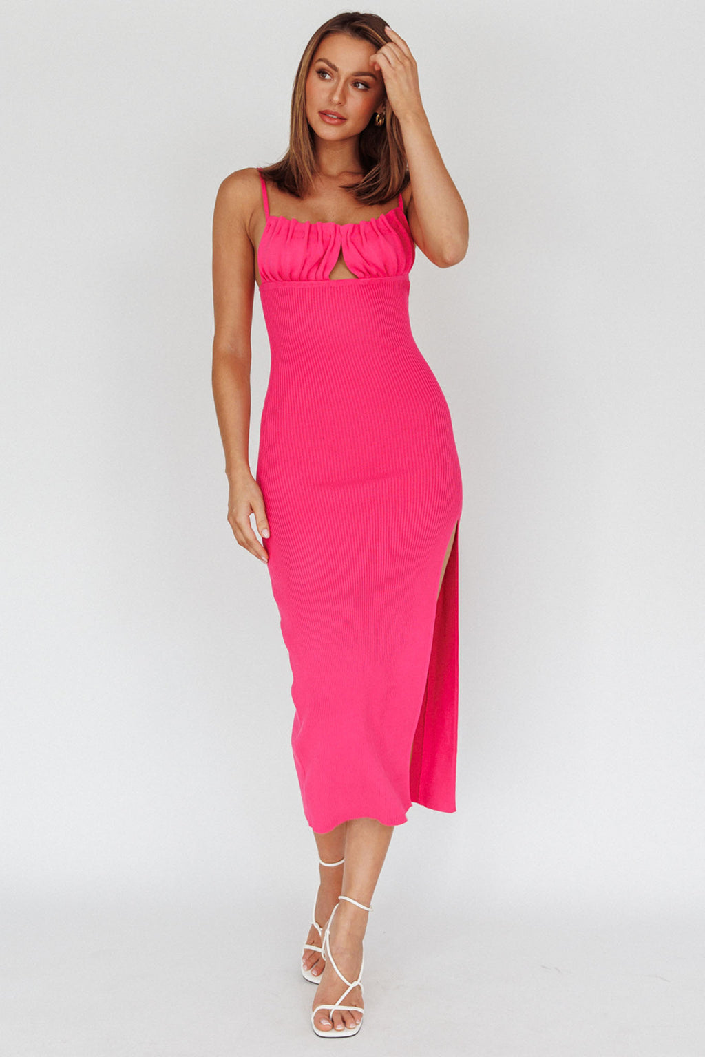 Jelina Gathered Bust Knit Midi Dress Fuchsia by Selfie Leslie