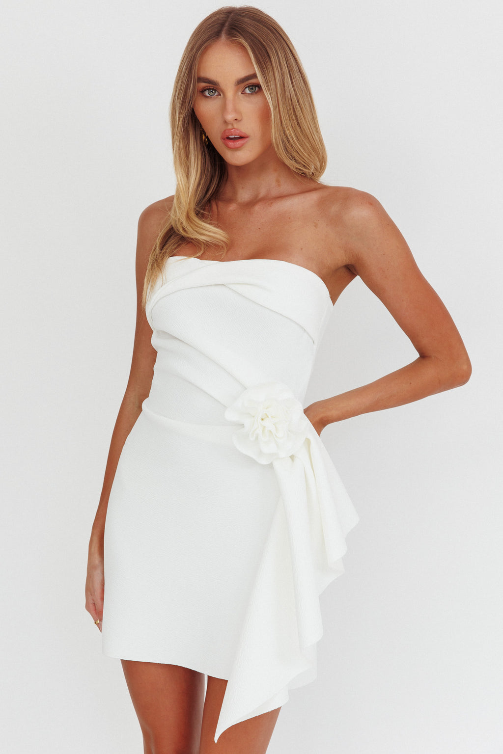 Sasha Cascade Ruffle Rosette Mini Dress White by Selfie Leslie