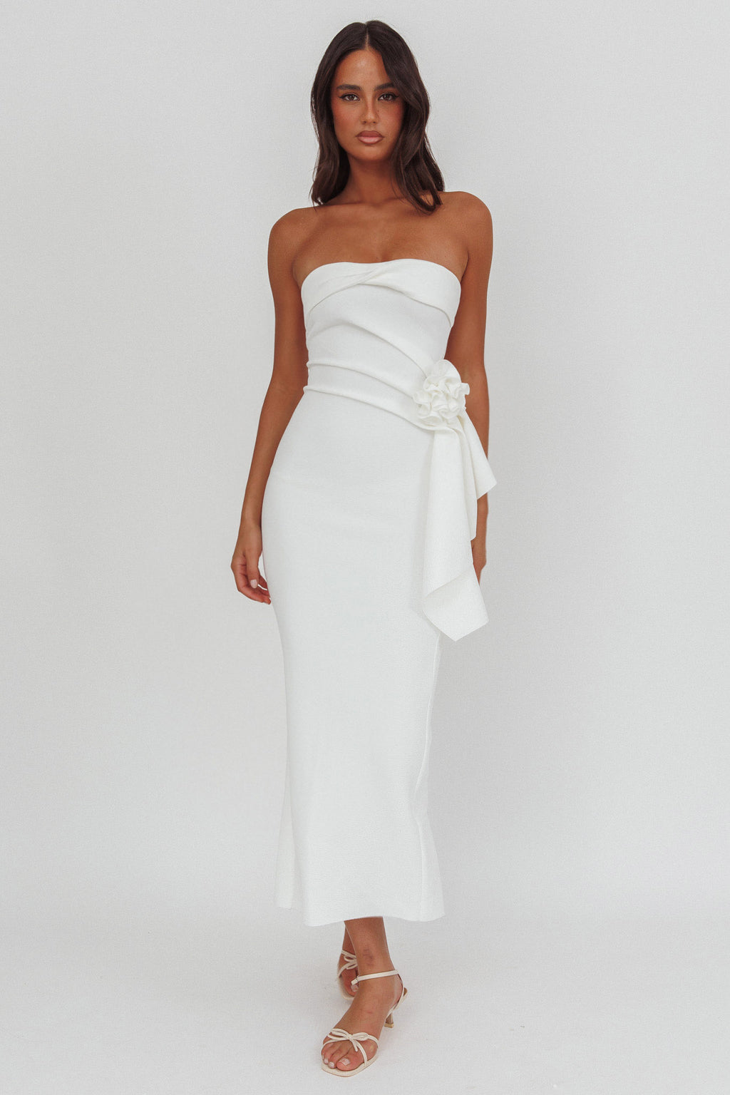Sasha Cascade Ruffle Rosette Midi Dress White by Selfie Leslie