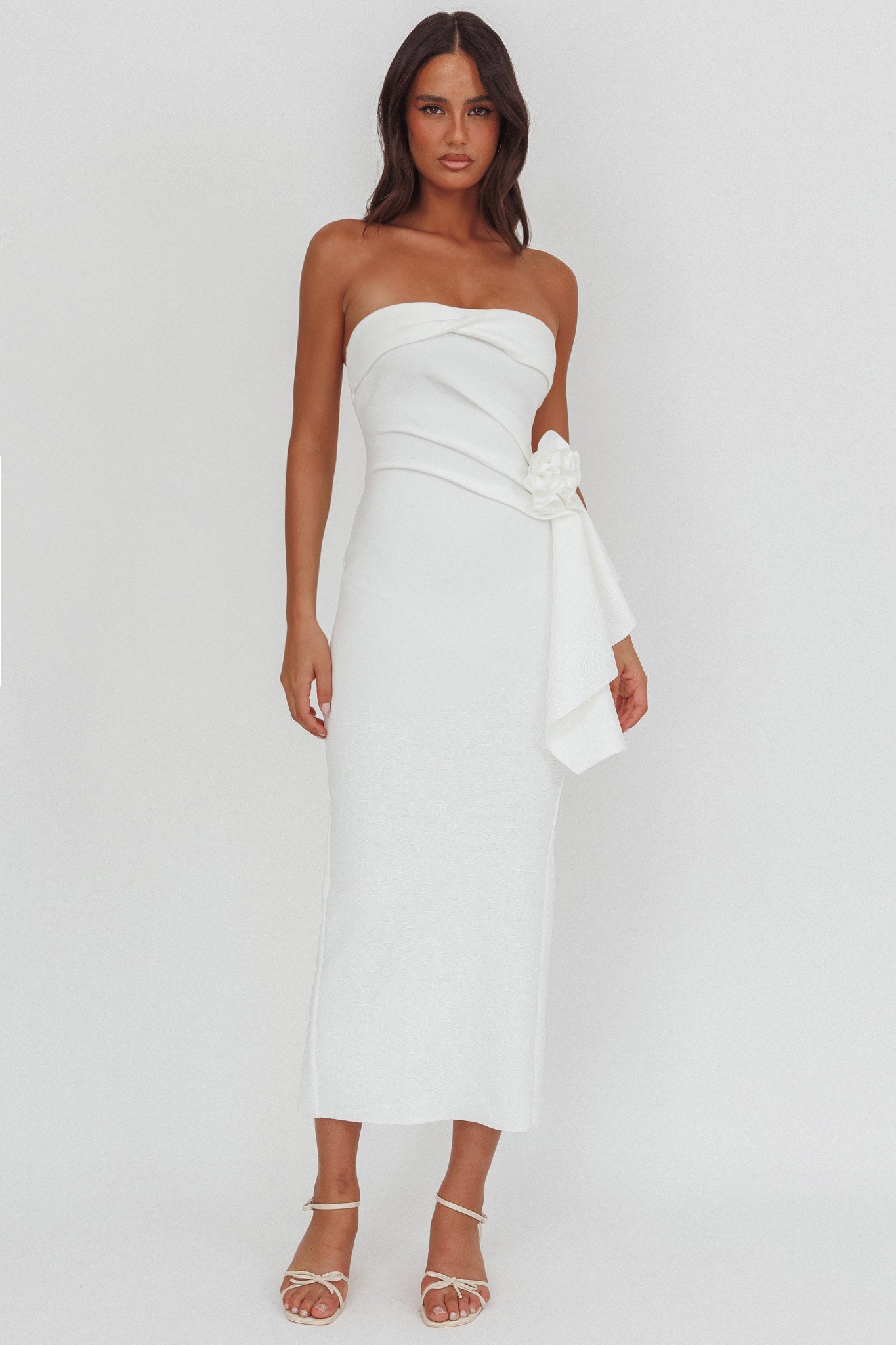 Sasha Cascade Ruffle Rosette Midi Dress White | Selfie Leslie