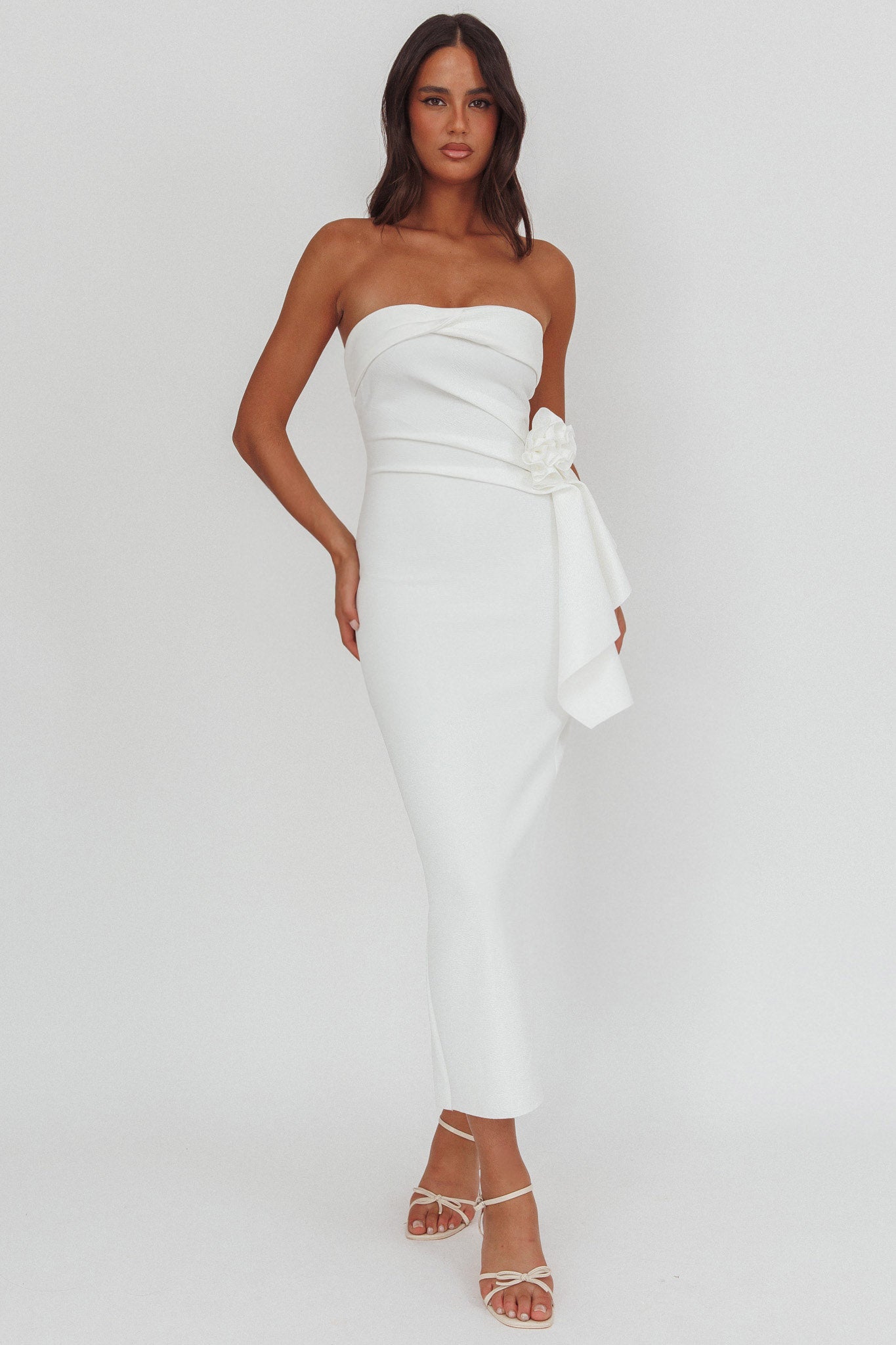 Sasha Cascade Ruffle Rosette Midi Dress White by Selfie Leslie