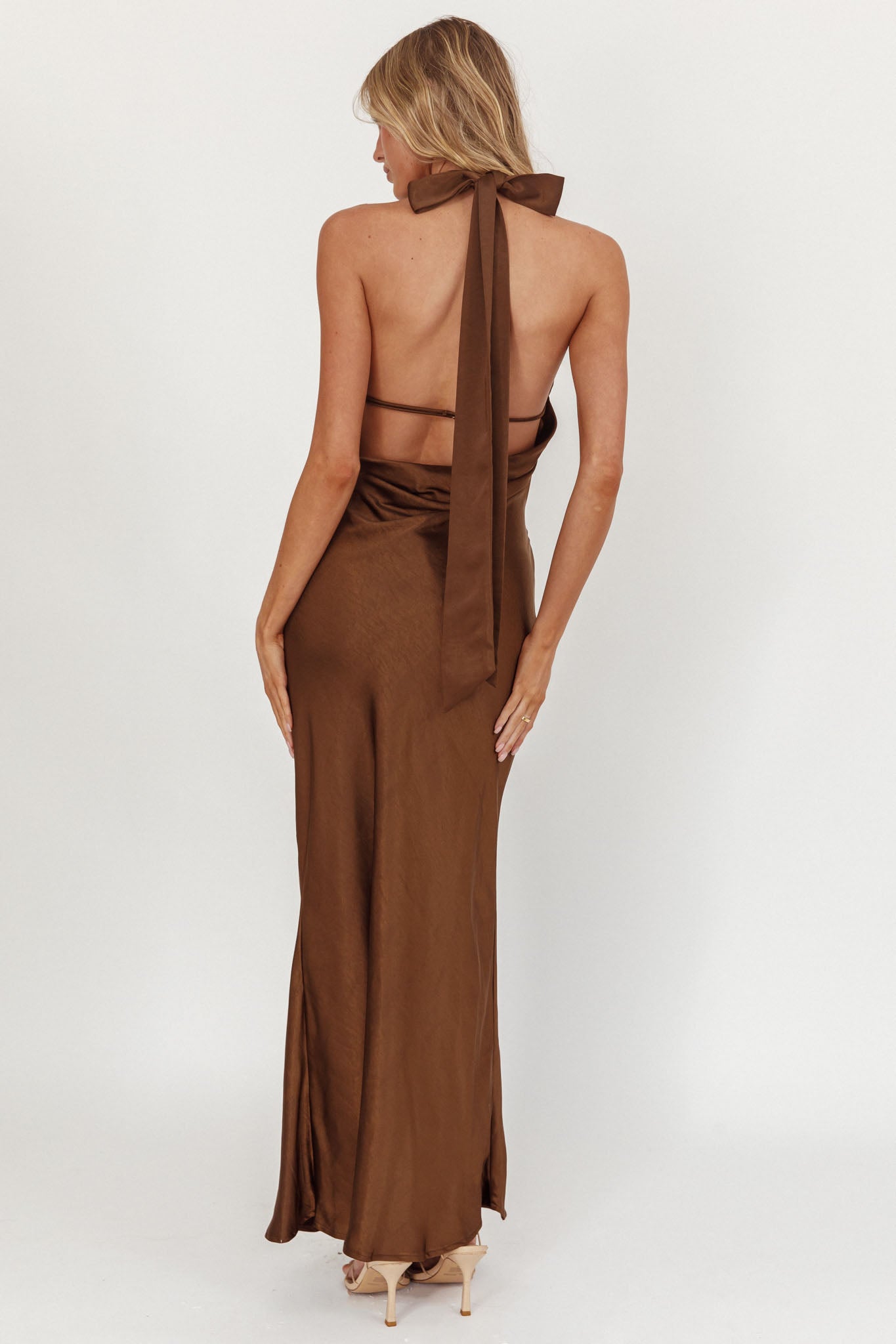 Italia Azure Crossover Halterneck Maxi Dress Chocolate by Selfie Leslie
