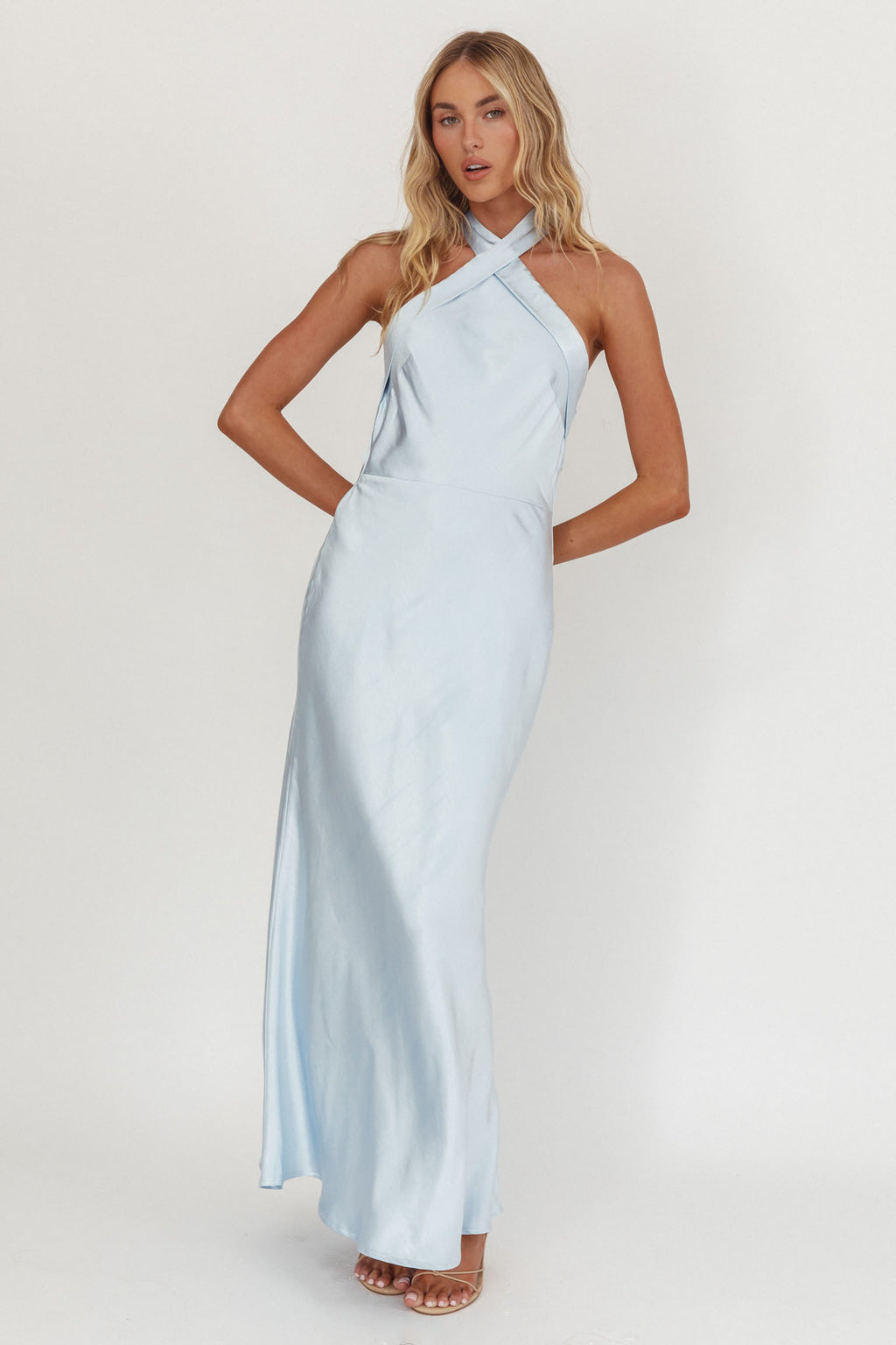 italia azure halterneck maxi dress blue Italia Azure Crossover Halterneck Maxi Dress Ice Blue