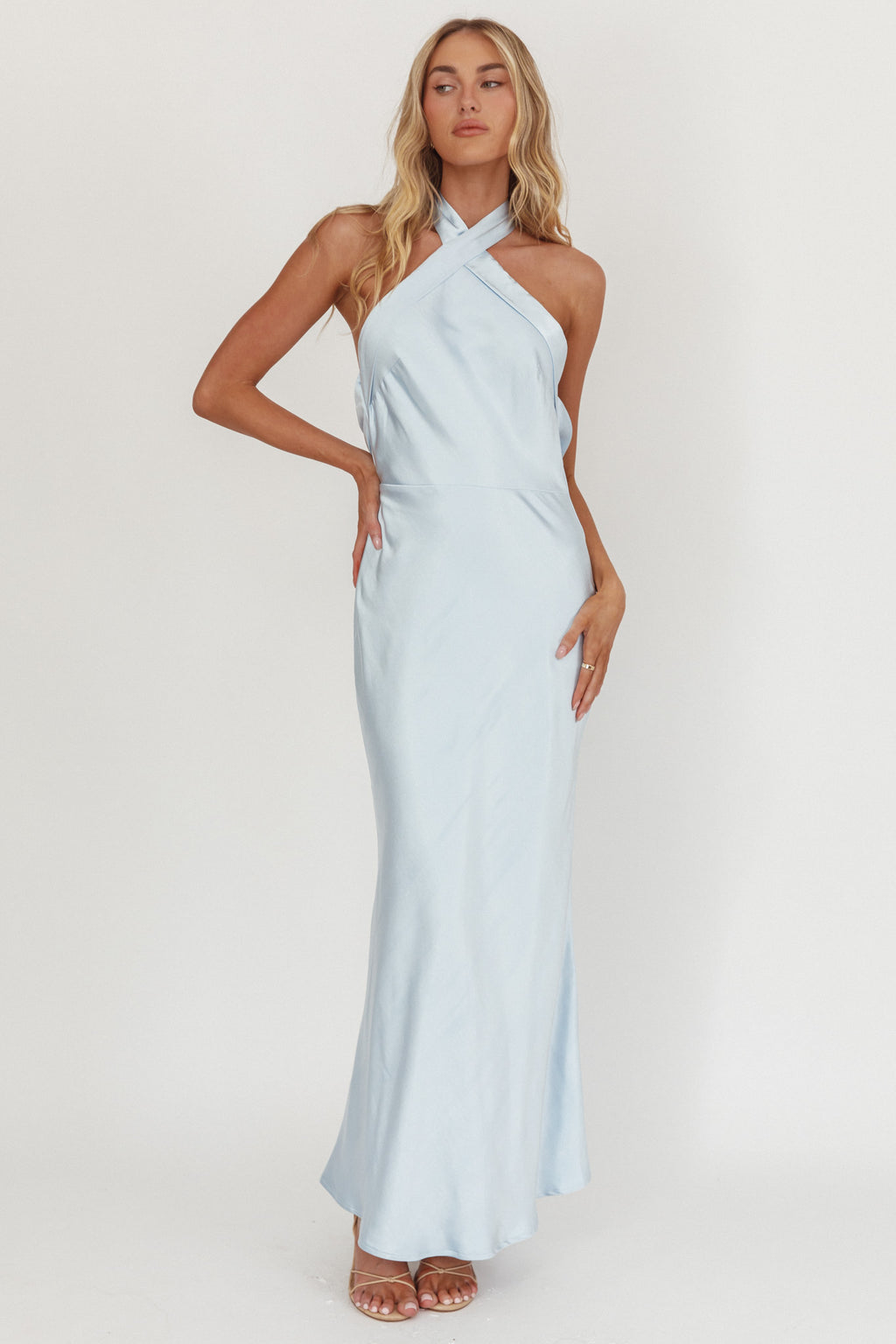 Italia Azure Crossover Halterneck Maxi Dress Ice Blue Selfie Leslie