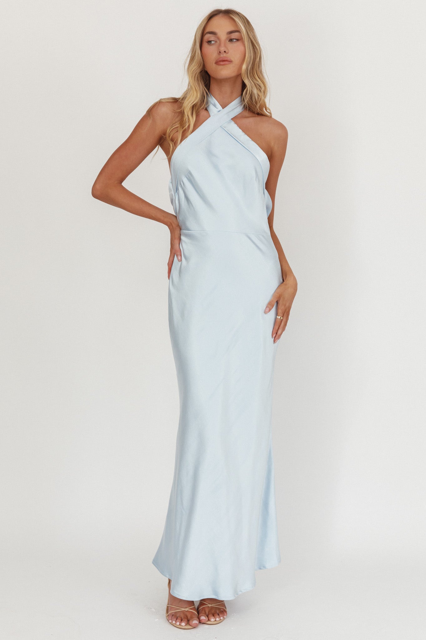 Italia Azure Crossover Halterneck Maxi Dress Ice Blue by Selfie Leslie