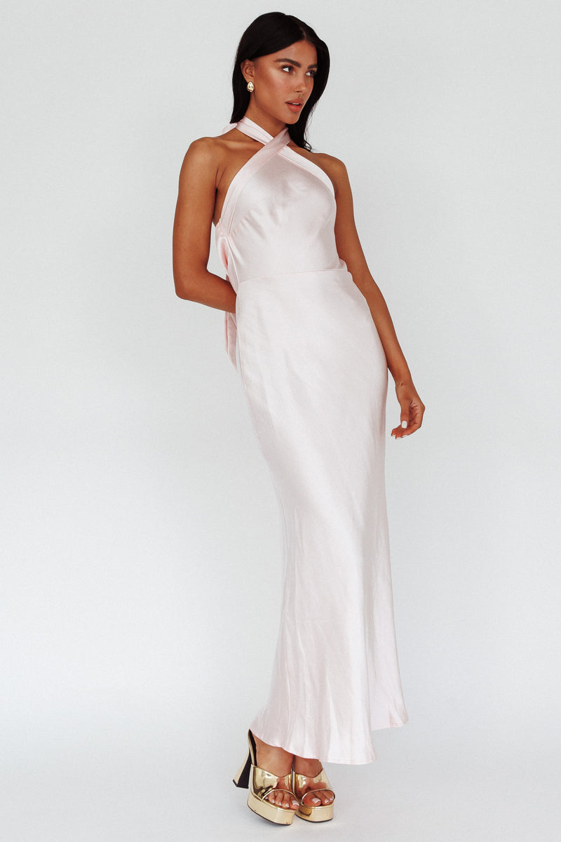 Shop the Italia Azure Crossover Halterneck Maxi Dress Pearl