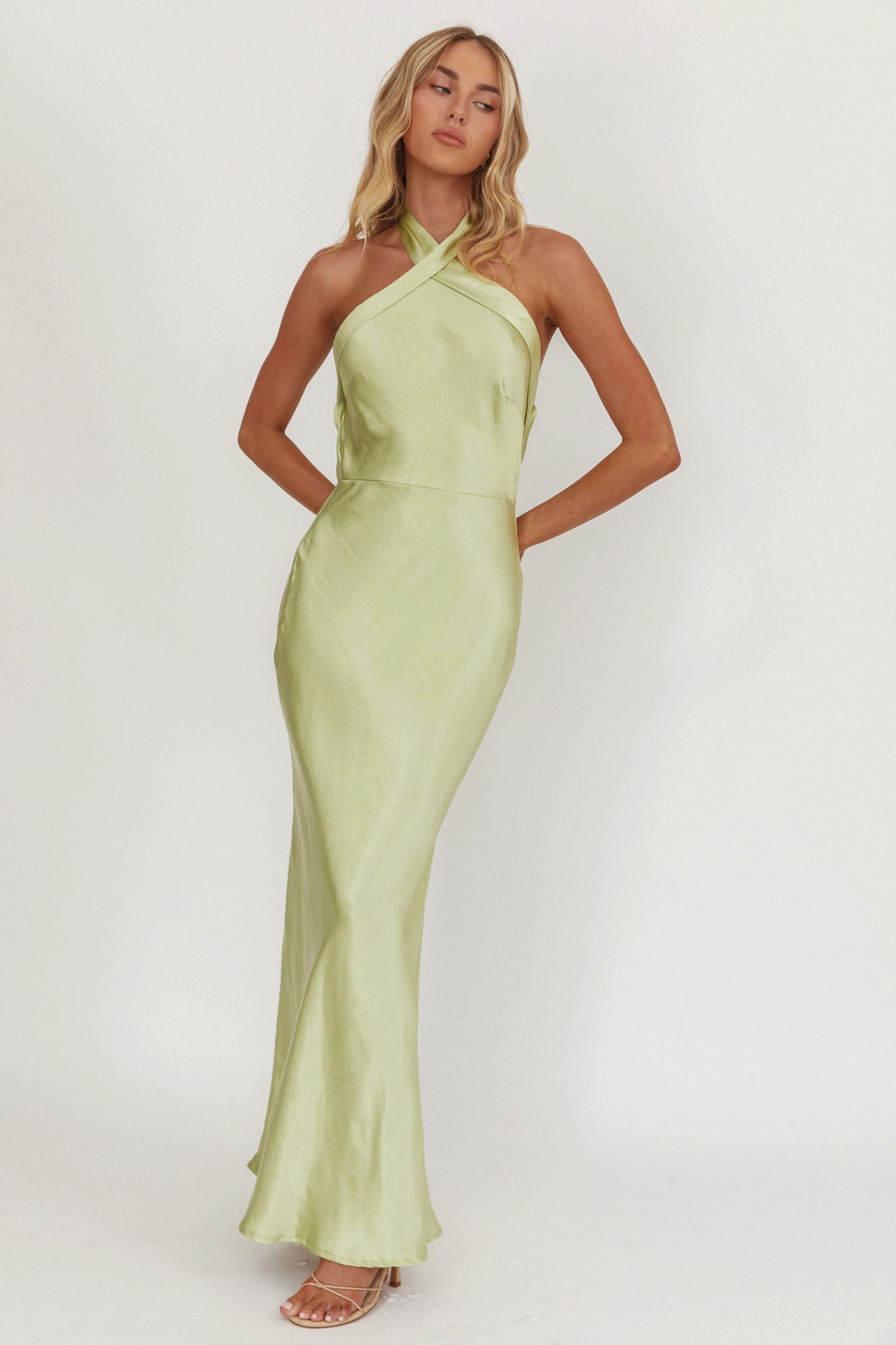 Shop the Italia Azure Crossover Halterneck Maxi Dress Pistachio